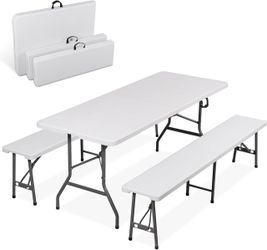 6 Feet Picnic Table Set with 2 Benches 3-Piece Camping Table Chair Set for Dining, Party, Garden, White