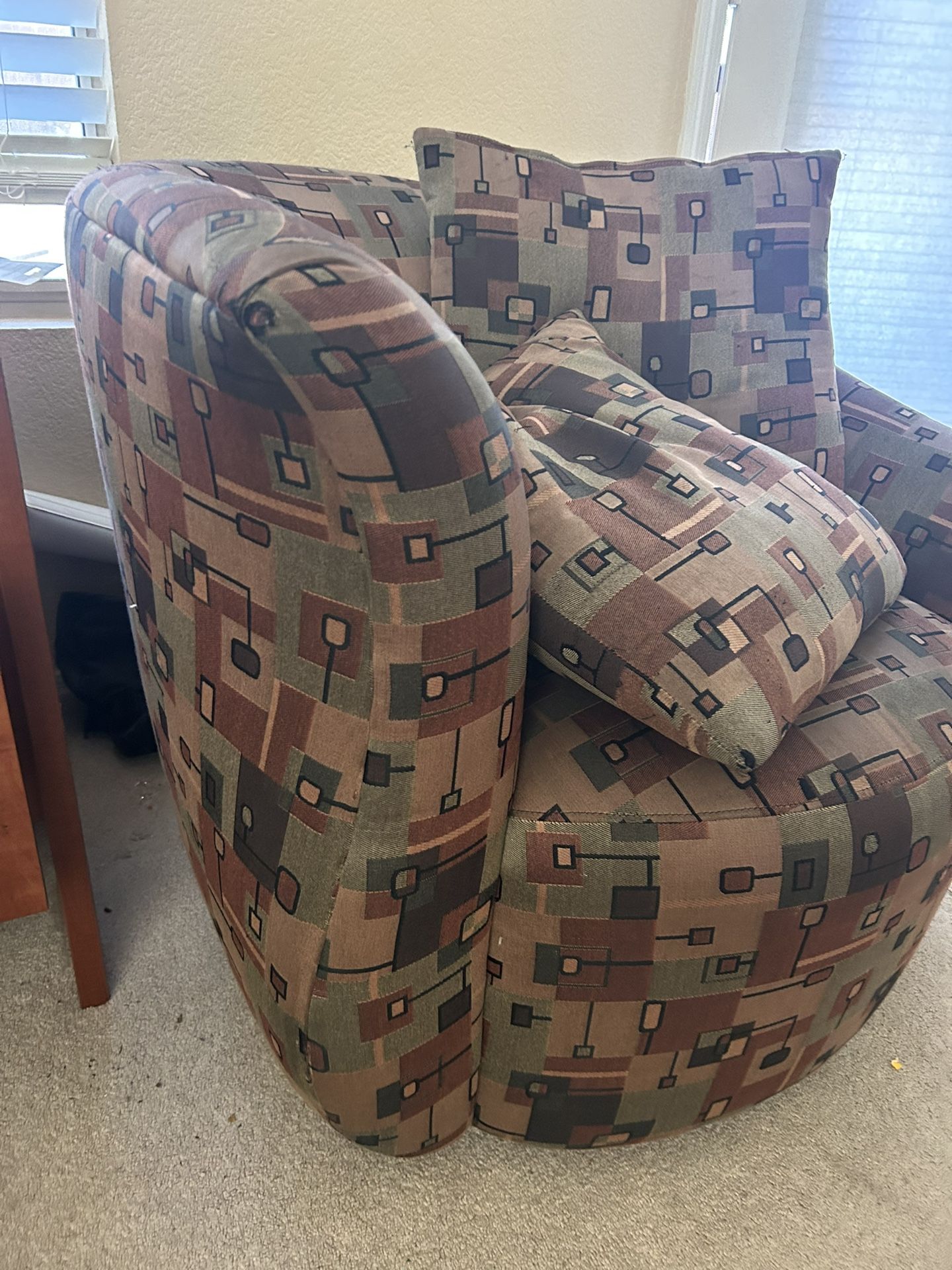 Two Swivel Patterned Swivel Chairs W/ottoman