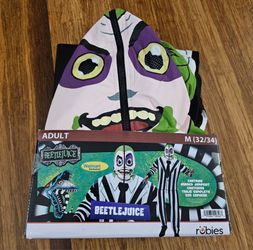 NEW Rubies Beetlejuice Zipster Mask-Up Adult Hooded Jumpsuit Costume Sz M (32-34) Exclusive