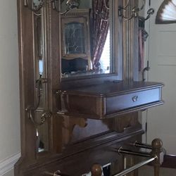 Wood, Brass & Mirrored Hall Tree