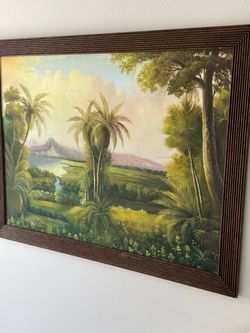 Tropical Landscape Oil Painting in Bamboo Frame