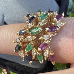 14k Yellow Gold Diamond Ruby Emerald and Sapphire Stackable Ring.