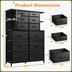 Tall Dressers for Bedroom with 12 Fabric Drawers and Open Shelves White Dressers & Chests of Drawers with LED Lights, Metal Frame