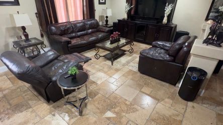Dark Brown Leather Reclining Sofa Set