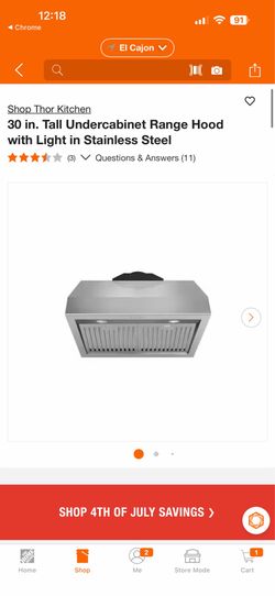 Shop Thor Kitchen 30 in. Tall Undercabinet Range Hood with Light in Stainless Steel