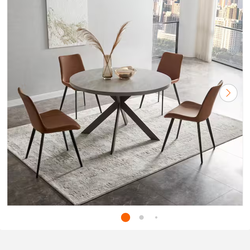 5-Piece Gray Round Dining Table Set MDF Dining Table with 4 Brown Dining Chairs