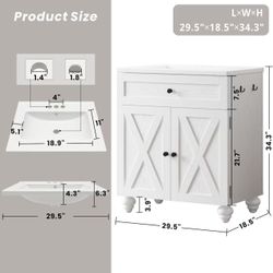 🥨30 Inch Bathroom Vanity with Sink Easy-to-Install Farmhouse Bathroom Sink 2-Tier Storage Areas with Adjustable Shelves 4-Tier Storage Compartments