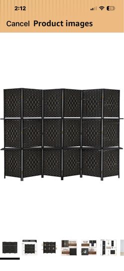 6 PANEL XWIDE 6’ TALL BLACK ROOM DIVIDER WITH 2 SHELVES - NEW