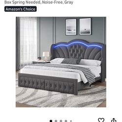 New In The Box Queen Bed Frame with LED Lights and 2 Storage Drawers, Velvet Upholstered Platform with 47" Tall Arc-Shaped Wingback Headboard