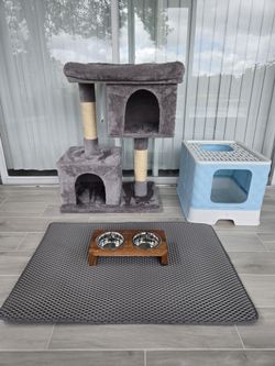 Casa De Juegos, Caja De, Tapete Lavable Y 2 Platos Con Base En Madera Para Gatos.