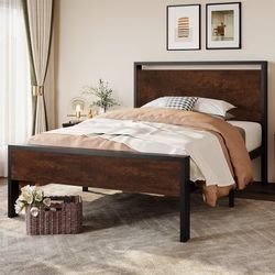 14 Inch Twin Size Metal Platform Bed Frame with Wooden Headboard and Footboard, Mattress Foundation, No Box Spring Needed, Large Under Bed Storage, He