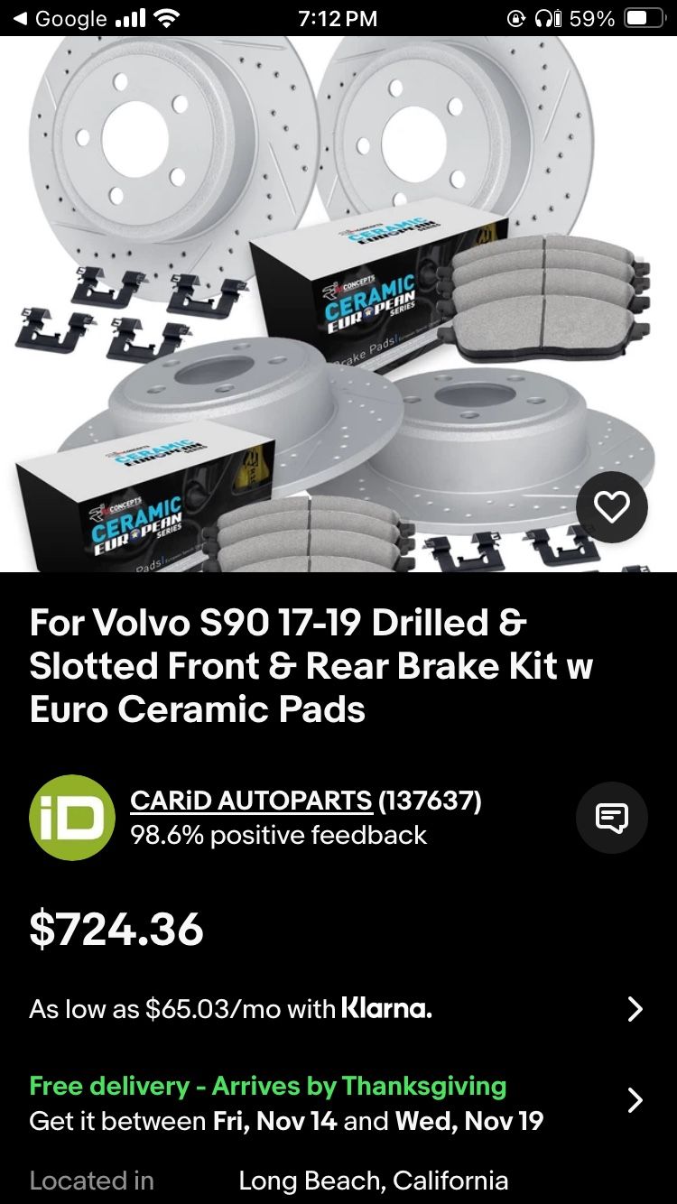 R1 Concepts Front And Rear Brake Kit For 2017-2019 Volvo S90, 2019 Volvo V60, 2018-2019 Volvo V90| Drilled Slotted Brake Rotors| Ceramic Brake Pads An