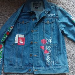 Men's Brooklyn Cloth Blue Denim Jean Blessed Jacket Embroidery w/ Roses 