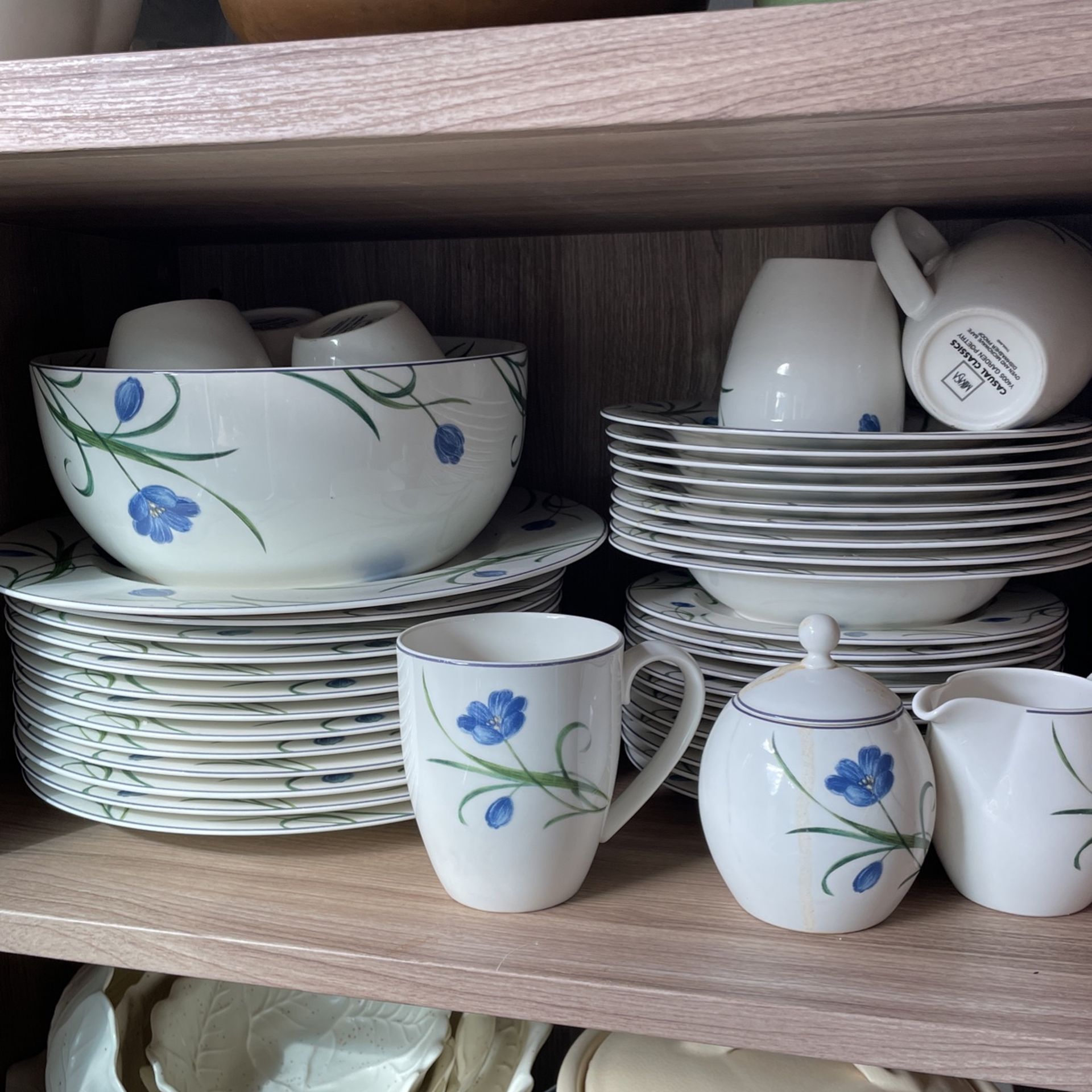 Mikasa Garden Poetry in a very condition: 12 dinner plates, 9 soup bowls, 11 salad plates, 5 coffee mugs, 1 serving salad bowl , 1 big serving plate,