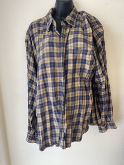 Basic Editions Navy and Tan Plaid Button-Down Shirt