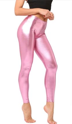 XL pink Shiny Metallic High Waist Stretch Leggings Womens Glossy Tummy Control Stretchy Tights Workout Leggings Pants