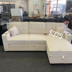 Elegant 2-PC Ivory Corduroy Sectional Sofa Couch With Storage, Pullout Bed, & USB Port