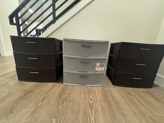 Set of 3 Plastic Wicker-Style 3-Drawer Storage Towers