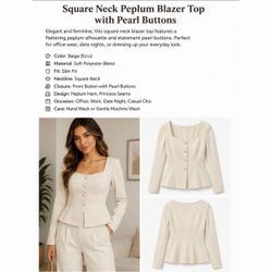 105 | Square Neck Peplum Blazer Top with Pearl Buttons | Size 2XL