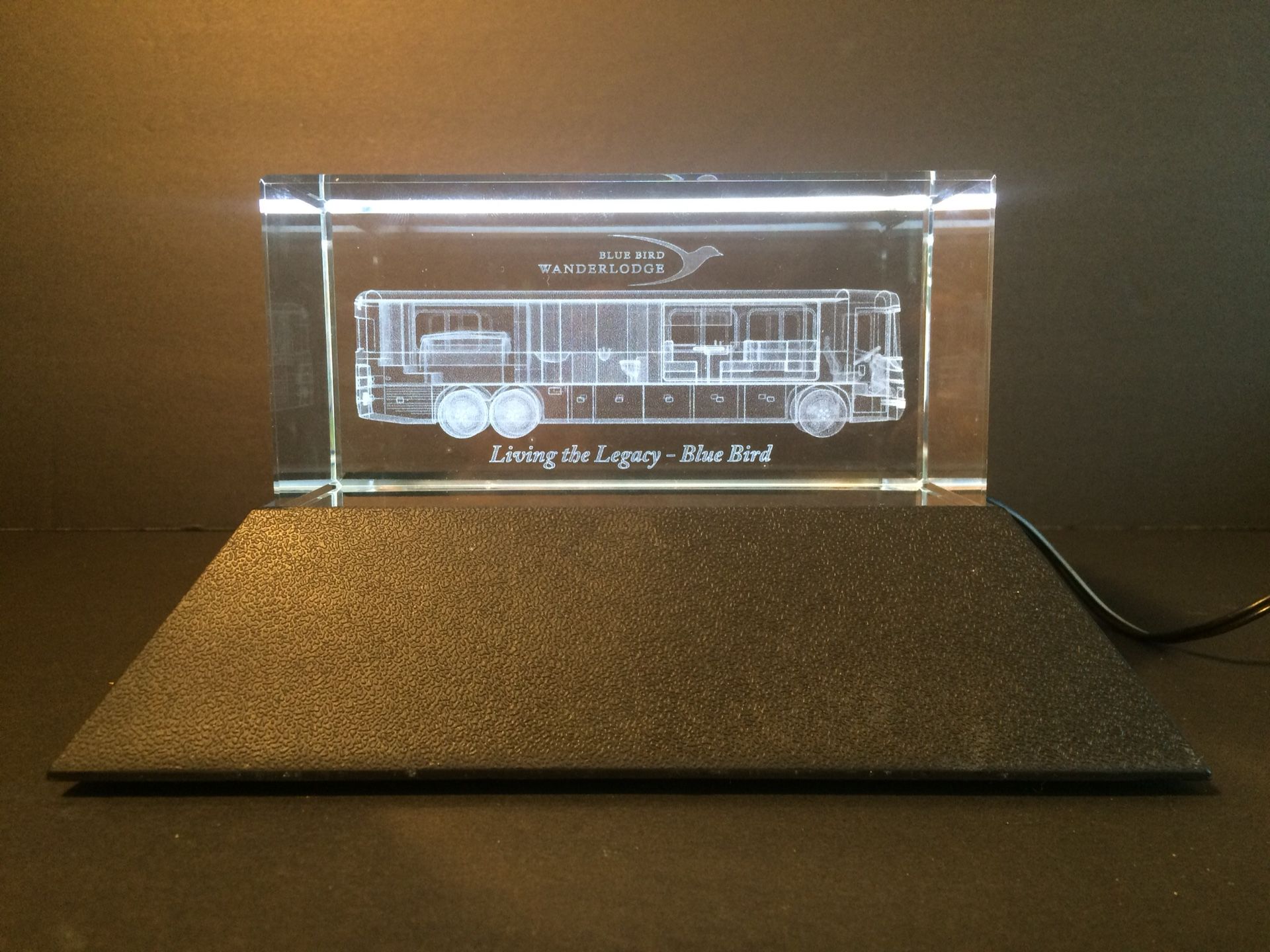 BLUE BIRD/WANDERLODGE 3-D Vintage RV Laser-Hologram Glass Block with Lamp