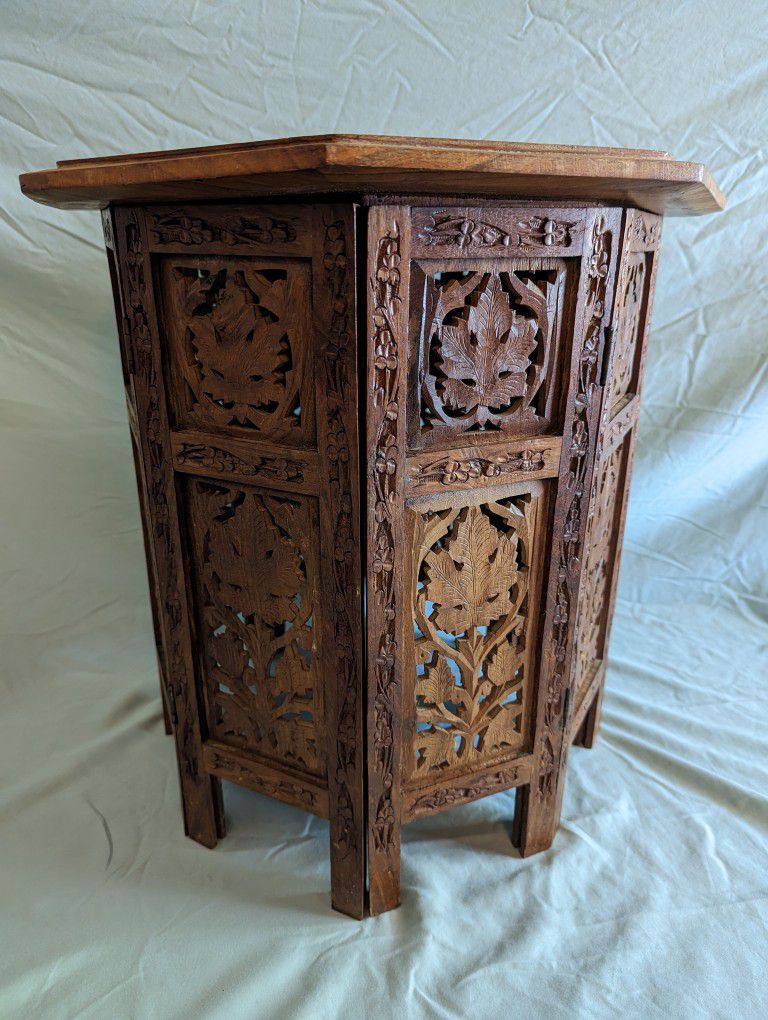 Heavily Carved Vintage Anglo-Indian All Wood Octagonal Table Circa 1920