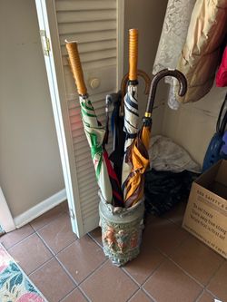 Large Vintage ceramic umbrella cane stand holder Italian European inspired raised relief figures
