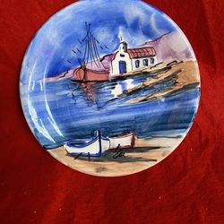 7.5 Inch Handmade Hand Painted Blue Ceramic Wall Hanging Plate Imported From Greece