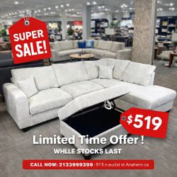 Beige Corduroy Sectional Sofa With Storage Ottoman 