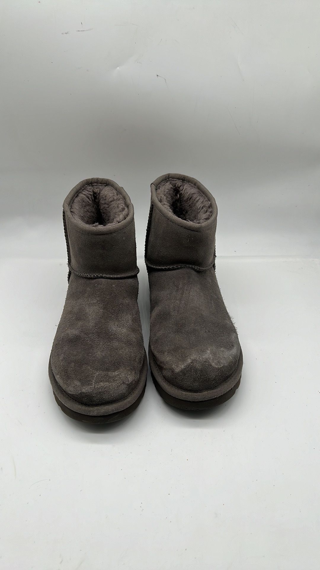 UGG Women's Classic Mini Rubber Logo Fashion Boot, Grey, suede sheepskin size 8 