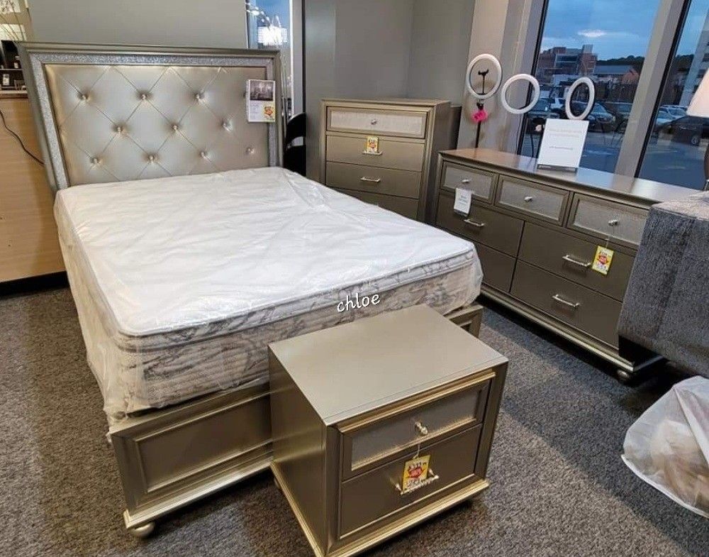 
♡ASK DISCOUNT COUPOn💬 queen King full twin bed dresser mirror nightstand bunk mattress box/3pcs Lila Champagne Upholstered Panel Bedroom Set 