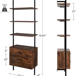 Industrial Wall Mounted Bookshelf with Wood Drawers, 4-Tiers Ladder Shelf Bookcase 