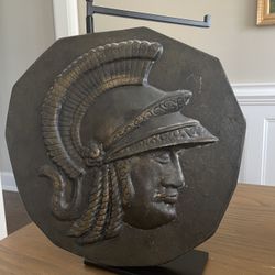 Vintage 1966 Mid Century Metal Greek Maiden Soldier Wall Plaques Decor Scovill