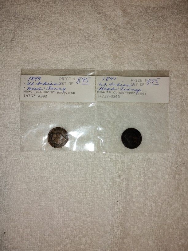 2 Vintage Old 1891 & 1899 USA Indian Head Pennies