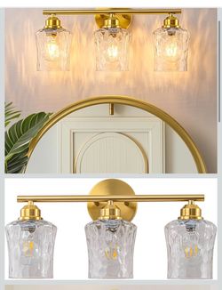 WILON Modern Bathroom Vanity Light, 3-Light Gold Vanity Lighting with Hammered Glass Shade, Corrosion-Resistant for Bathroom Vanity, Bedroom, Hallway