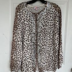 The Quacker Factory Leopard Print Cardigan Sweater Sequin Embellished Size L