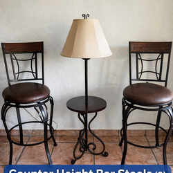 2 Bar Stools with Side Table & Lamp - Metal/Wood Counter Height Set
