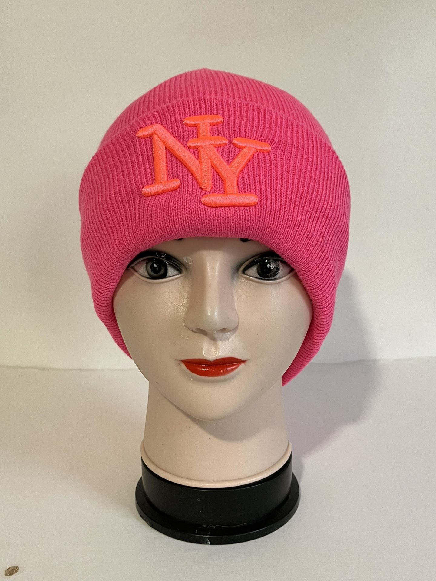 Embroidered NY Men Women Winter Knit Fur lined Beanie Hat - Hot Pink