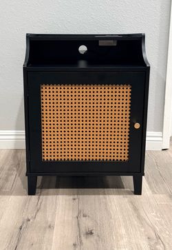 Black Nightstand with Rattan Cane Door