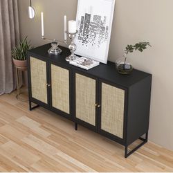😀 QEIUZON Modern Sideboard Cabinet, Accent Storage Cabinet with Rattan Doors and Adjustable Shelves