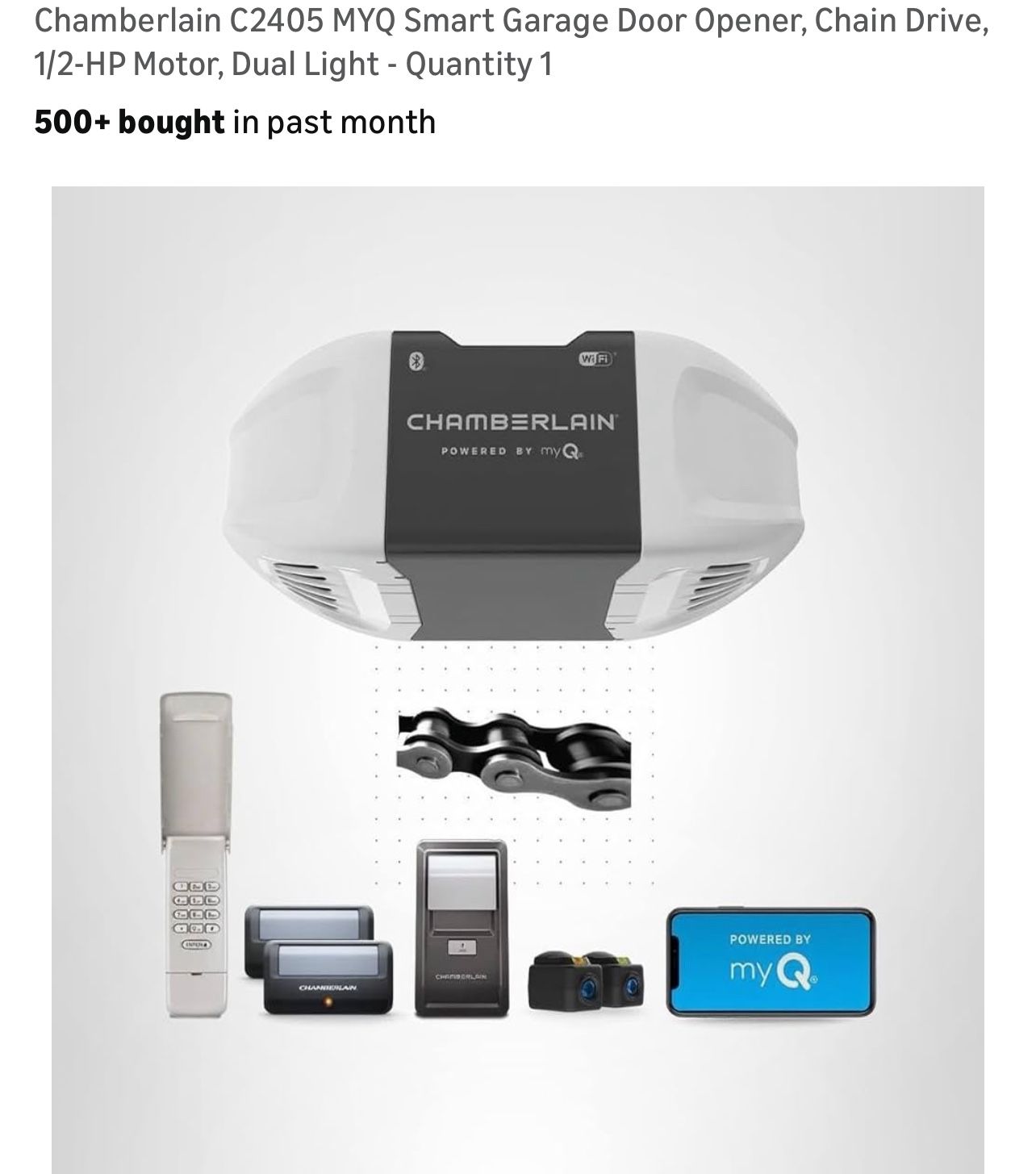 Chamberlain Smart Garage Door Opener 1/2  HP Motor