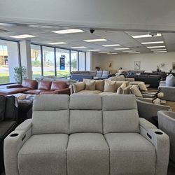 Fabric Sofa with Two Power Recliners-Greymel 