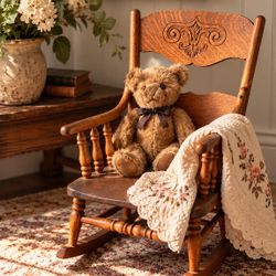 Vintage Children’s antique Ornate Crest oak rocking chair Nursery Display Cottagecore Small Wooden 