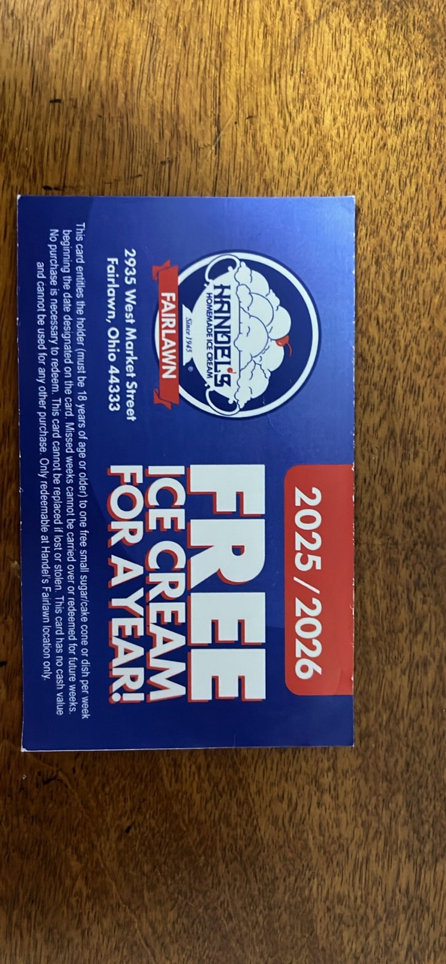 1 YEAR FREE ICECREAM OF YOUR CHOICE Card