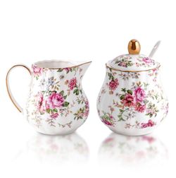 Agyiuns Ceramic Sugar And Creamer Set - White With Flower