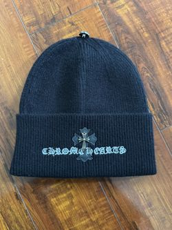 Chrome Hearts Black Ribbed Knit Beanie w/ Leather Cross Patch
