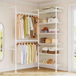 Wall Mounted Clothes Rack, Industrial Pipe Closet Organizers System with 2 Telescopic Rod & 6 Shelves