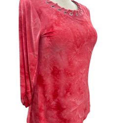 New Directions Pink Marble Tunic Size M Lace-Up Neckline Grommet Stitched Design - NWOT