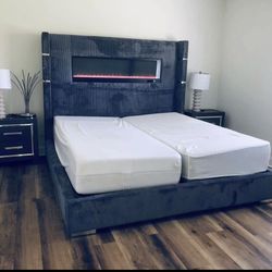FIREPLACE BEDS 🔥 TALL VELVET HEADBOARD