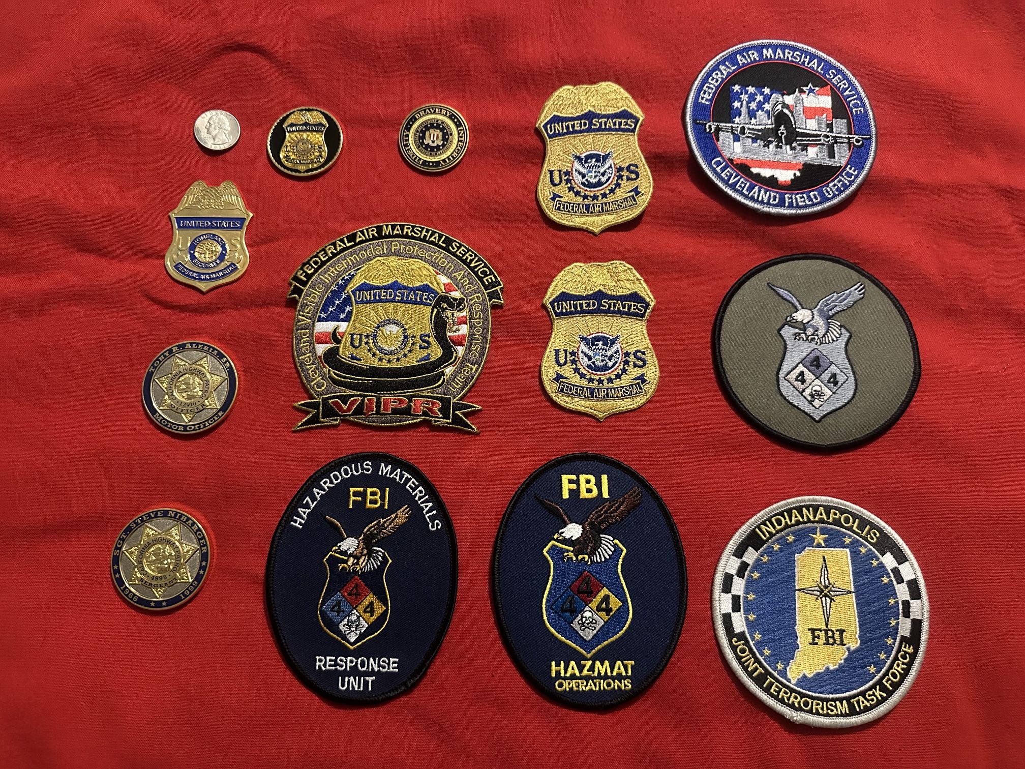 8 Federal Law Enforcement Patches, 4 Different Law Enforcement Challenge Coins And Small Badge Paperweight