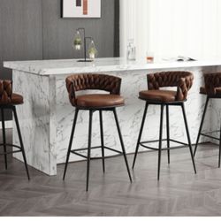Bar Stools Set of 4, Bar Height Bar Stools, 180° Swivel Suede Fabric Stool Chairs with Woven Back and Footrest for Kitchen Island, Cafe, Pub, Bar Coun